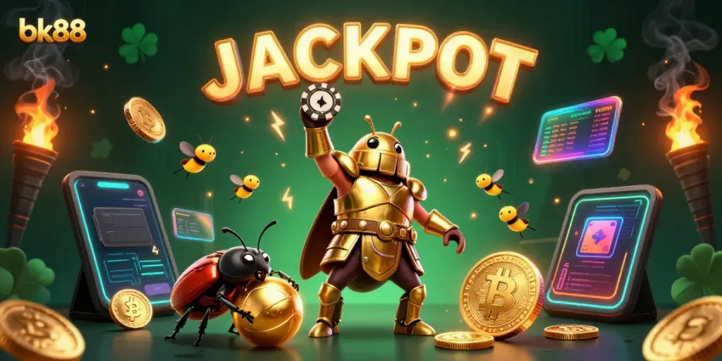 Engage with fun gaming at bk88, where a victorious beetle raises a casino chip, setting the atmosphere for thrilling betting opportunities.