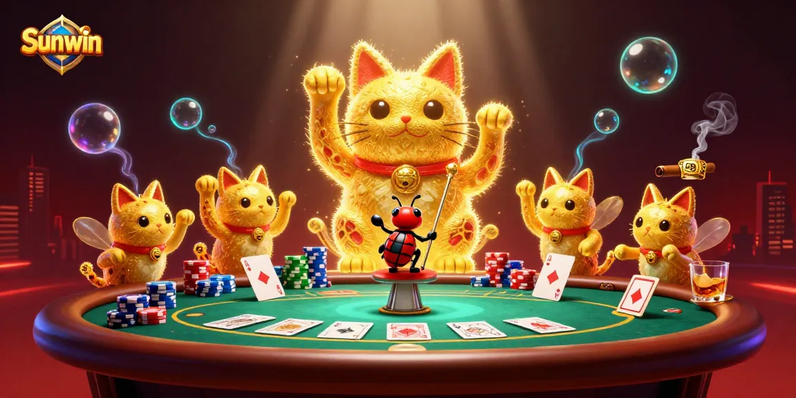 Experience the vibrant world of Sunwin with a captivating lucky cat and poker elements.