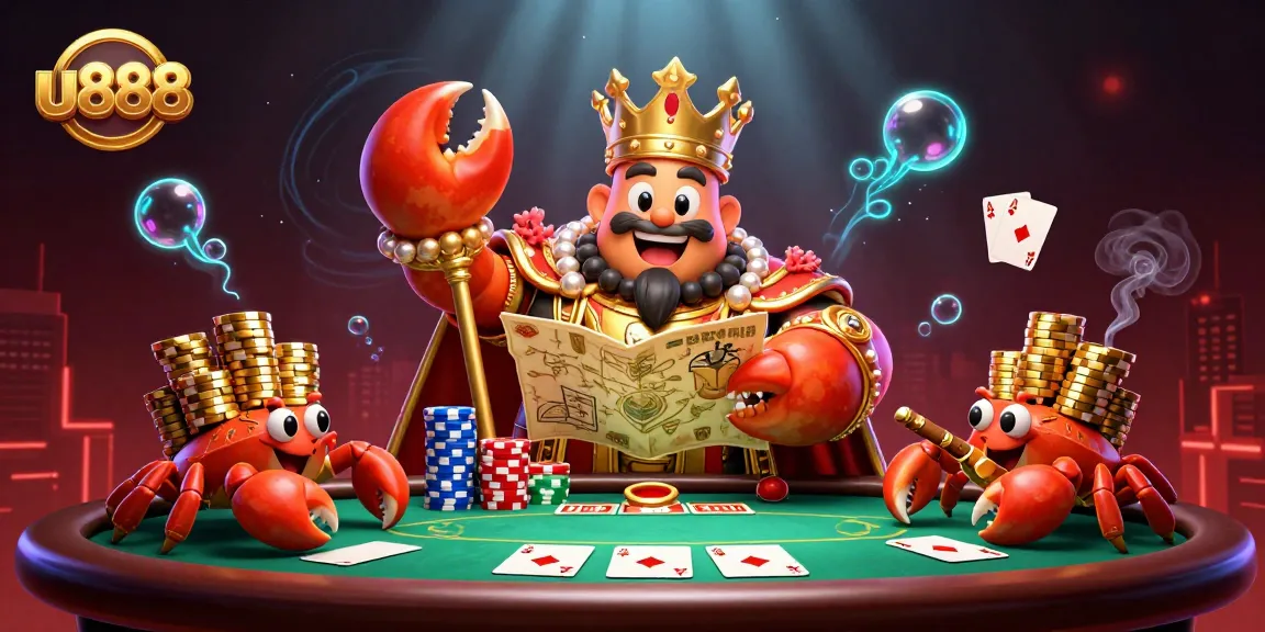 u888 poker scene featuring a golden crab emperor and hermit crabs with chips