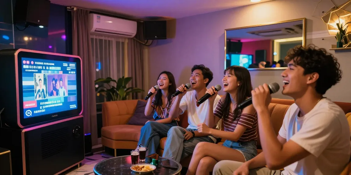 다낭 가라오케에서 친구들과 즐거운 노래 시간을 보내는 장면, 생동감 넘치는 분위기
