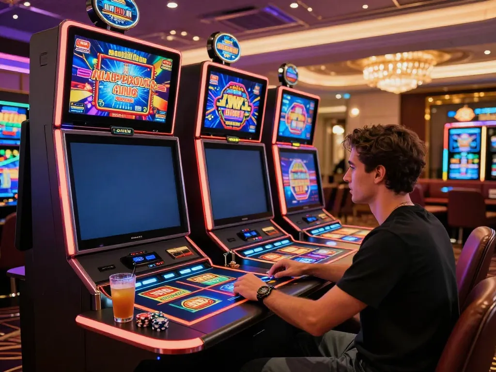Captivating net88 online casino experience featuring a player enjoying a slot game amidst vibrant digital displays.