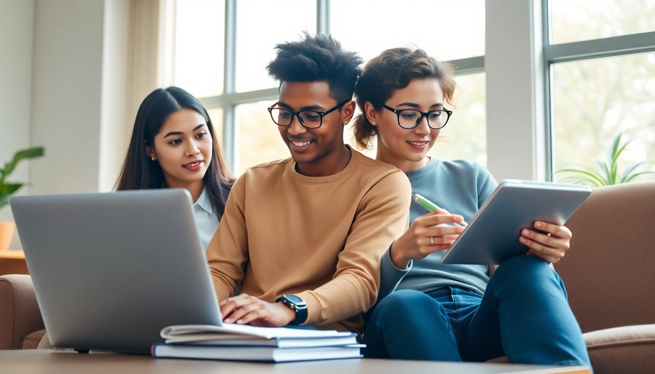 Engaged TOEFL test takers for hire collaborating in a bright study space.