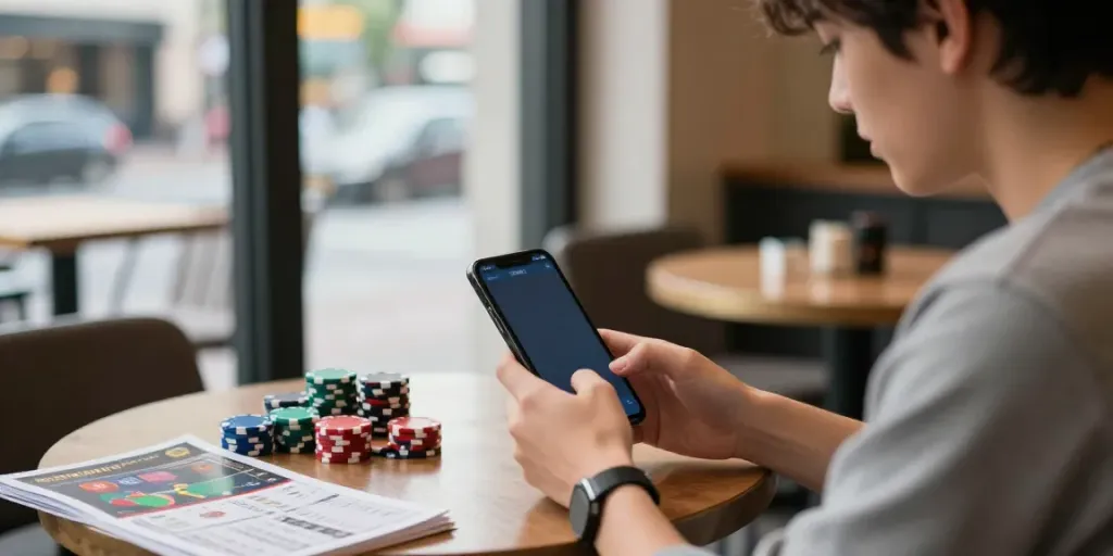 Engaging user on FABET app at café showing excitement in online betting.