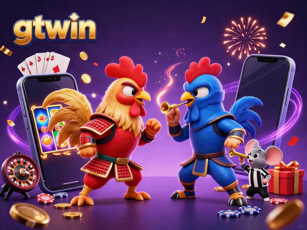 Engage with gtwin's exciting gaming blend of fighting roosters and vibrant slot elements, showcasing action and fun.