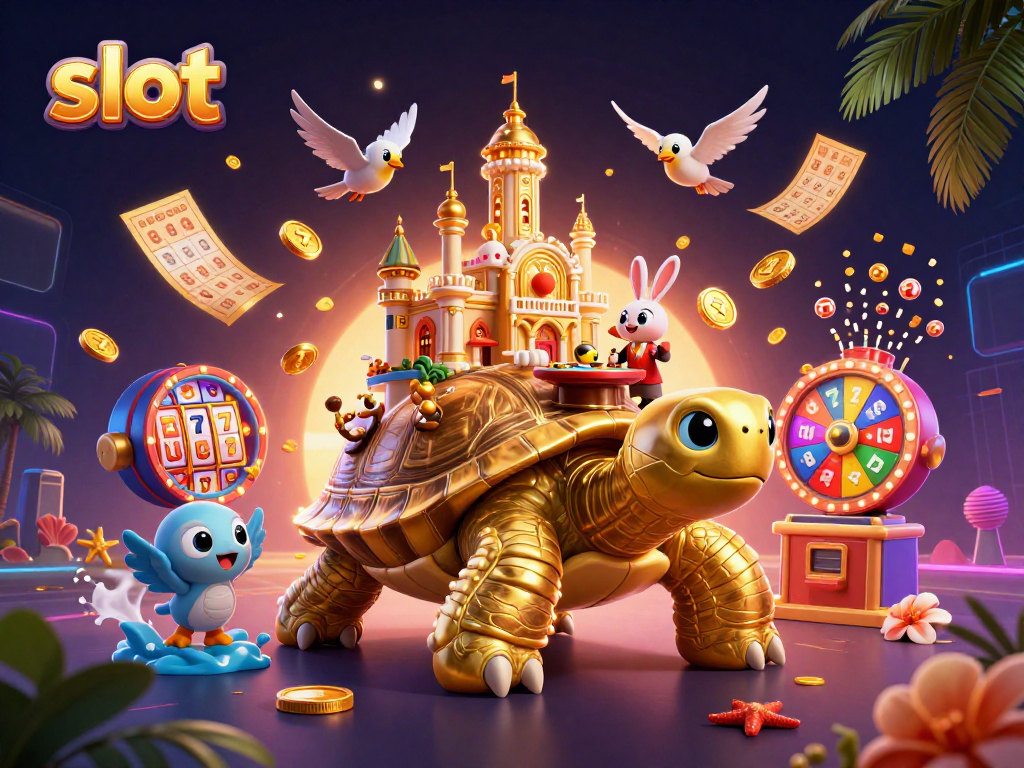 Experience thrilling slots action with a vibrant golden tortoise casino scene.