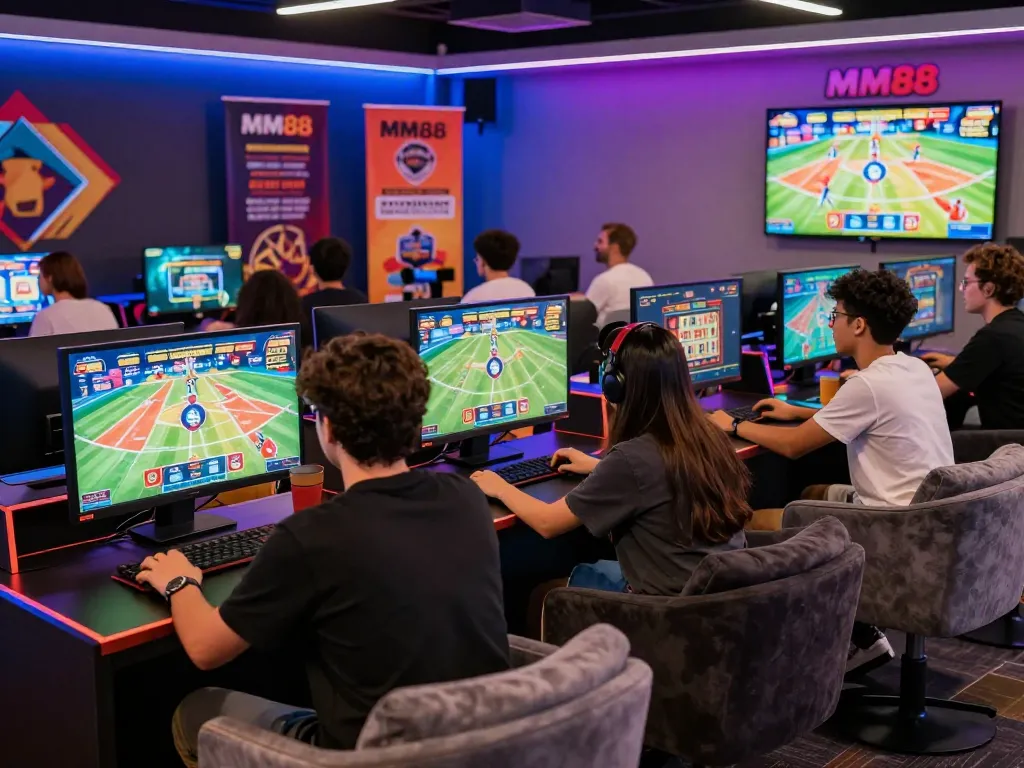 Diverse players enjoying online betting experiences at MM88's vibrant gaming stations.