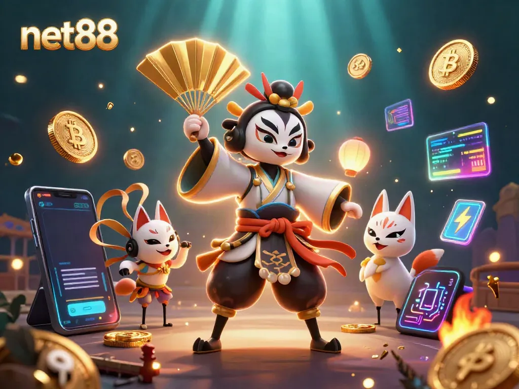 Experience the excitement of net88 with vibrant 3D scenes of a kabuki warrior and elements of online gambling.