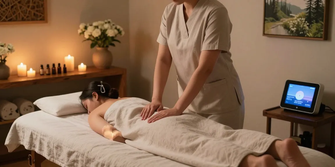 Relaxing 부평출장마사지 session in a tranquil spa setting with candles and soothing ambiance.