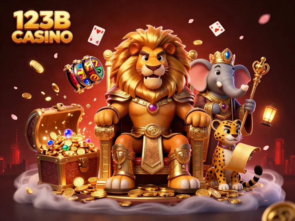 Experience the thrill of 123B CASINO with a majestic lion king, wise elephant, and dynamic cheetah amid a treasure-filled scene.