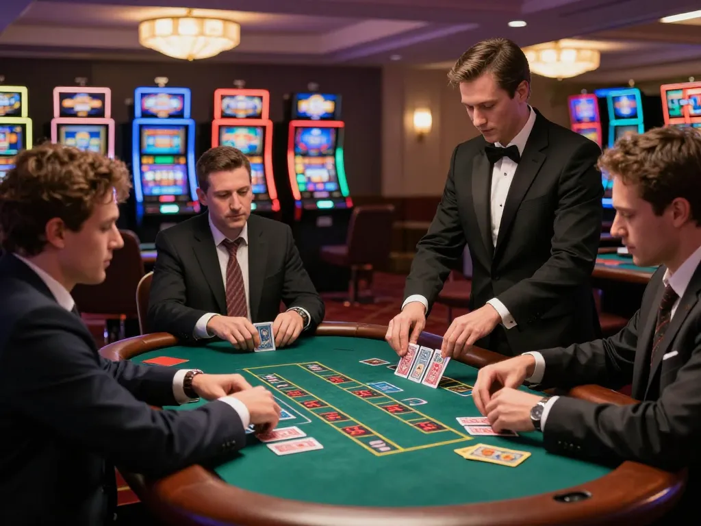 Engaged players at a GO99 blackjack table strategizing their next moves in an elegant casino.