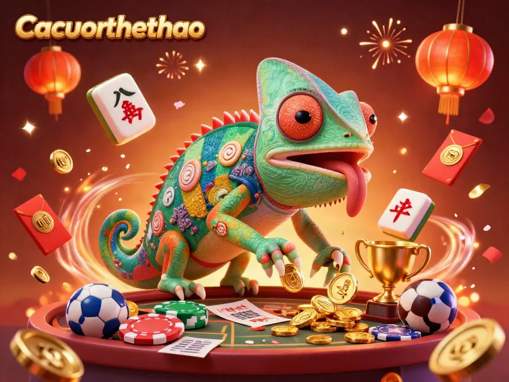 Engaging depiction of Cacuocthethao featuring a colorful chameleon casino owner observing sports betting, with dynamic elements like sports balls and confetti.