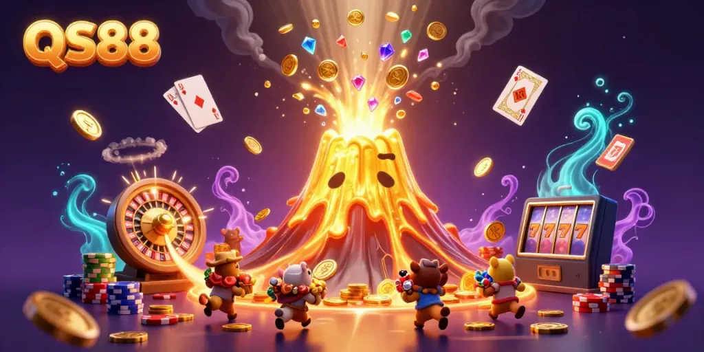 Experience thrilling gameplay at QS88 with the dynamic eruption of a golden volcano and treasures all around.