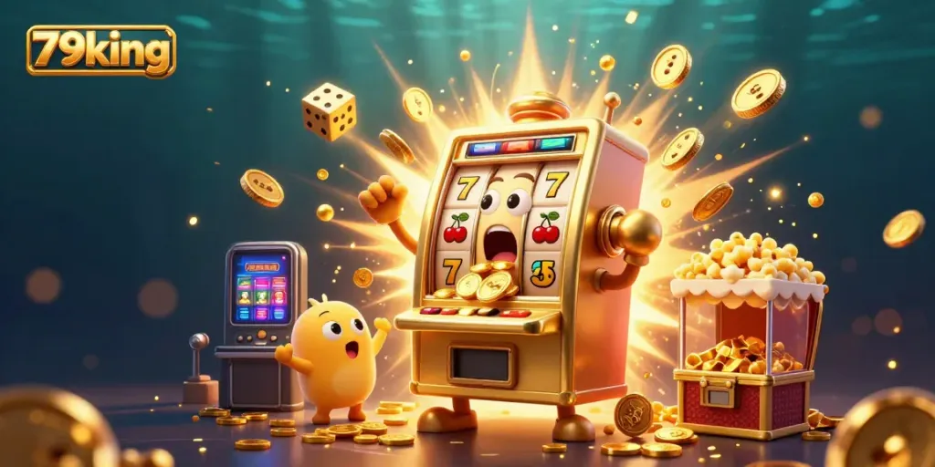Experience the thrill of 79king with vibrant slot machines celebrating jackpots amidst confetti and glow effects.