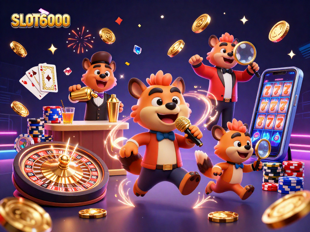 SLOT6000 showcases a lively comedy casino with hyenas, golden coins, and vibrant casino elements.