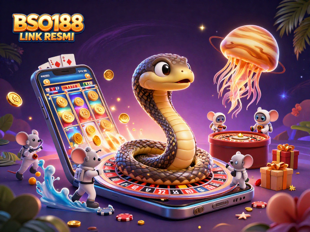Experience the thrill of wagering with BSO188 LINK RESMI amid cosmic characters and vibrant casino elements.