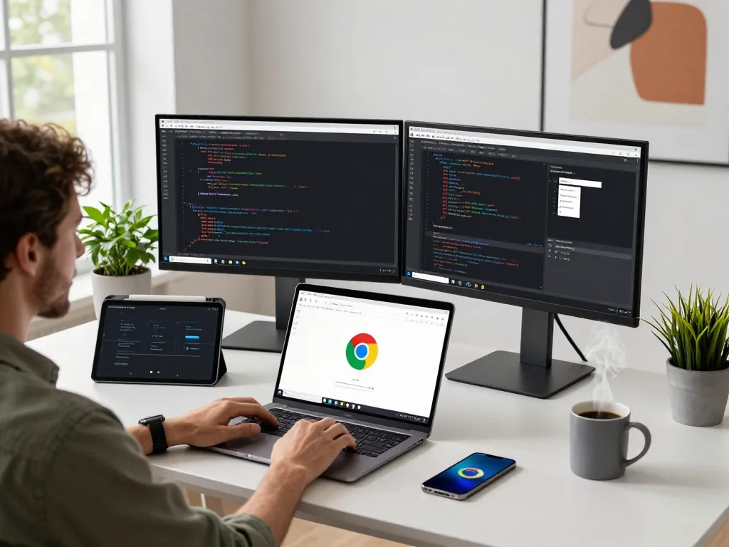 Experience the Google Chrome browser in a modern workspace, with dual monitors and a laptop showcasing seamless online activities.