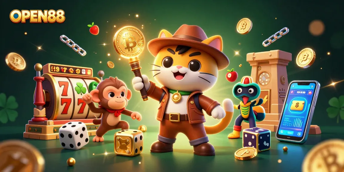 Engage with exciting games at OPEN88's vibrant online casino, featuring dynamic slot symbols and innovative crypto elements.