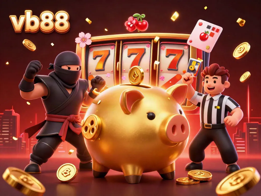 Engaging 3D scene showcasing vb88's vibrant casino energy with a piggy bank sumo wrestler, coins, and slot reels.