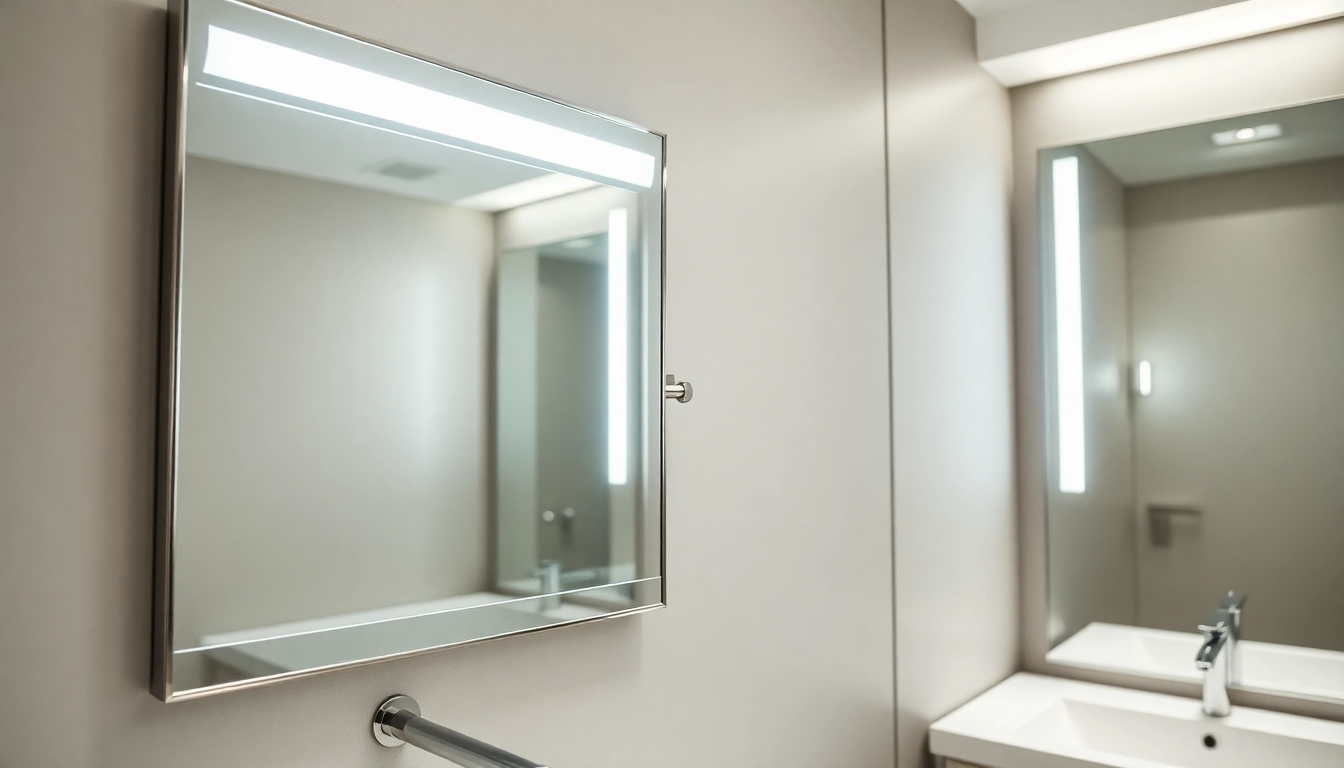 Featuring stylish mirror and led lights in a sleek modern bathroom design.