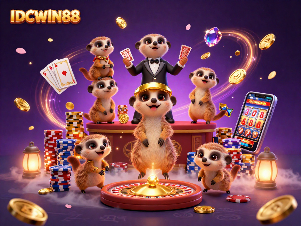 Experience thrilling gameplay at IDCWIN88 with meerkats managing an exciting casino scene filled with slots and action.