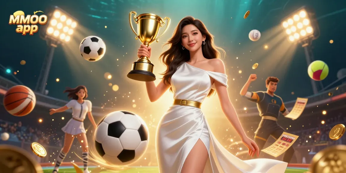 Win big with the MMOO app, featuring a triumphant woman celebrating in a vibrant sports betting scene.