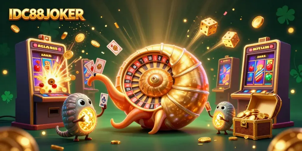 Experience thrilling gaming with IDC88JOKER, where a giant nautilus roulette and vibrant slot machines create excitement.