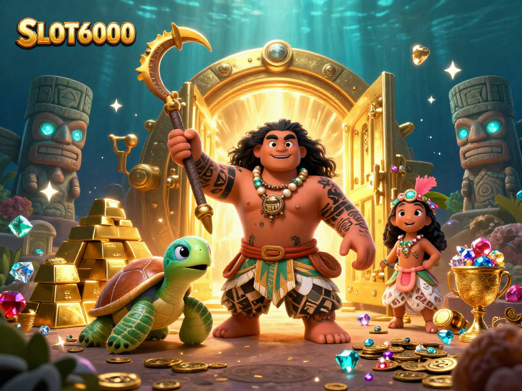 SLOT6000 inspires big wins in a vibrant underwater scene featuring a demigod, turtle, and treasures.