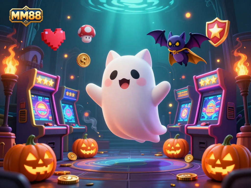 Play at MM88's haunted casino with a ghost cat, vampire bat, and glowing gaming elements.