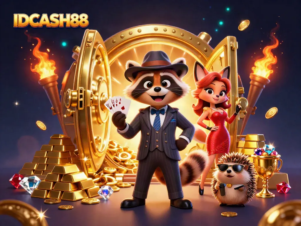 Experience the thrills of IDCASH88 in this dynamic casino-themed illustration featuring lively characters and treasures.