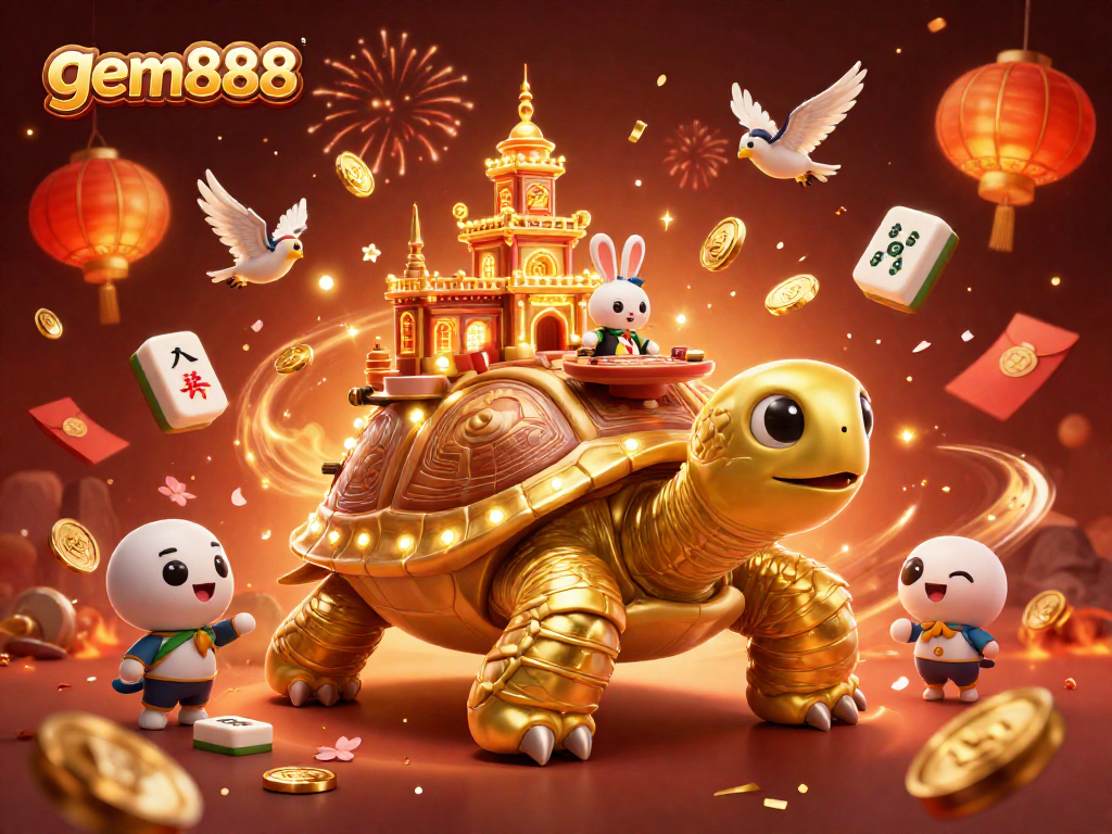 Experience the thrill of gem888 with lively characters, golden coins, and vibrant casino elements.
