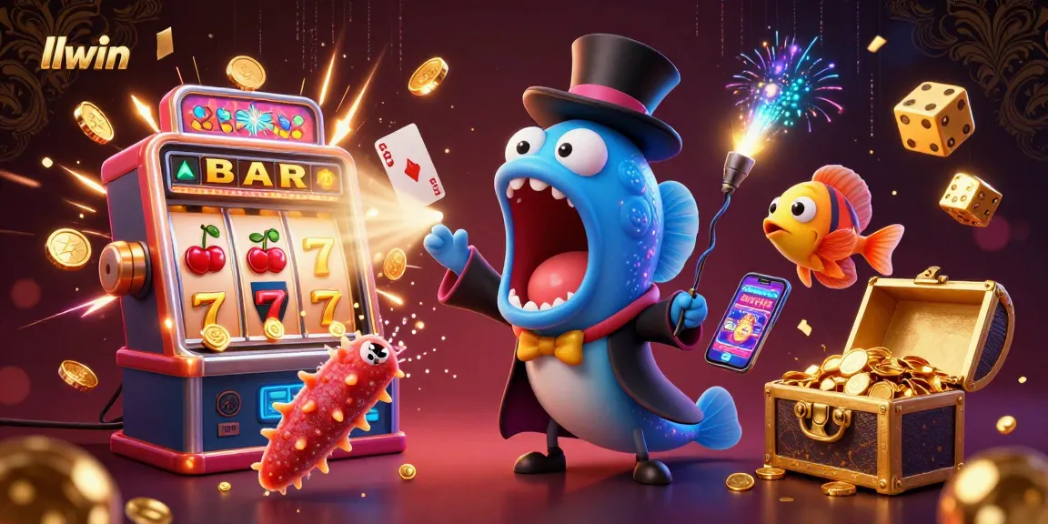 llwin's exciting magical casino scene depicting a gulper eel performing tricks with jackpots and vibrant game elements.