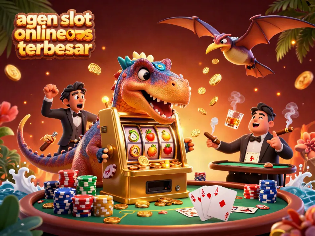 Menangkan jackpot dengan agen slot online bonus terbesar saat 3D kartun dinosaurus memukul mesin slot emas.