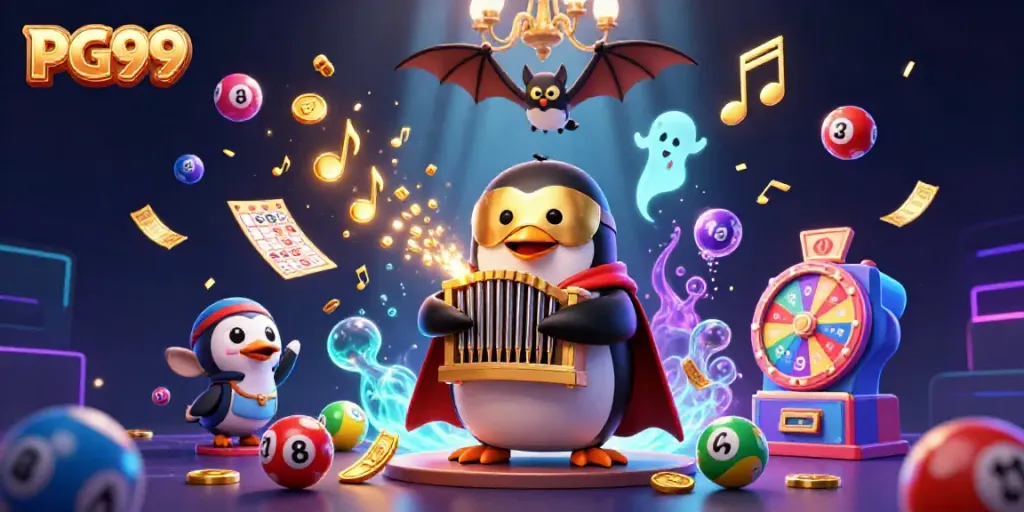 Experience PG99 with a thrilling casino scene filled with vibrant elements, coins, and animated characters.