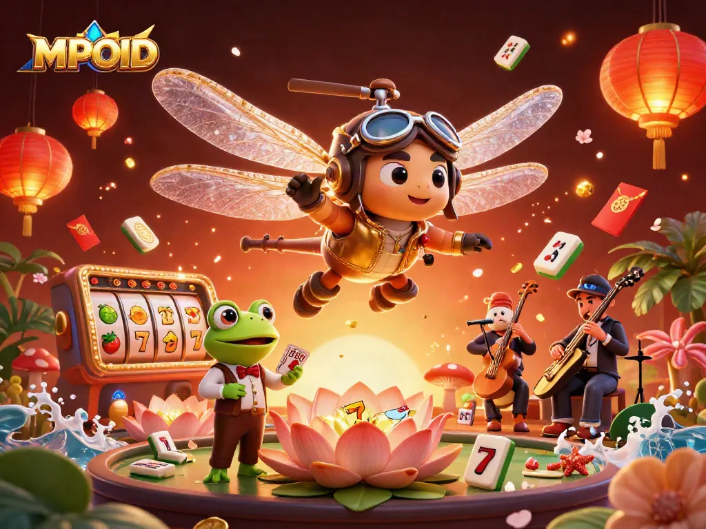 MPOID showcases a vibrant casino atmosphere with a dragonfly pilot and frog croupier, spinning slot reels, and festive decorations.