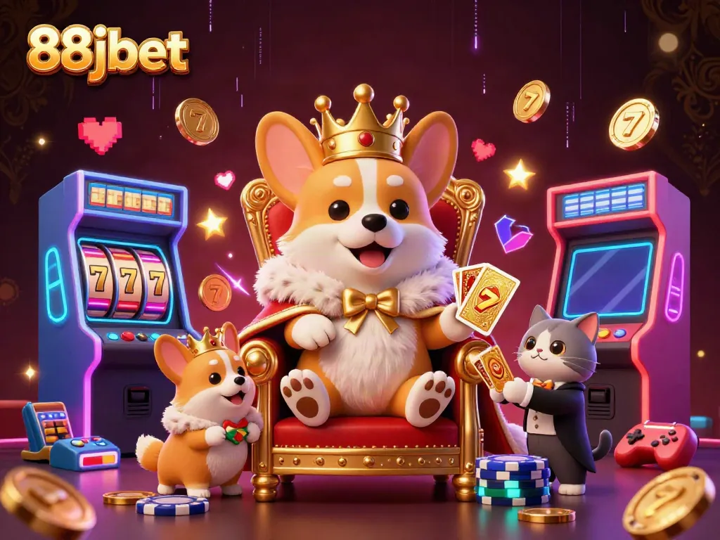 The royal corgi on a throne of poker chips at 88jbet, surrounded by vibrant slot game elements.