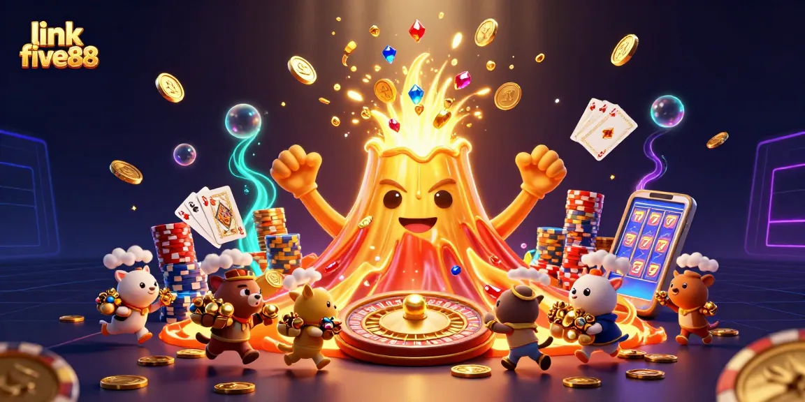 Win big with link five88, featuring a triumphant golden volcano surrounded by casino gems and coins.