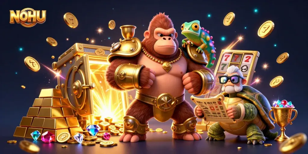 Win big with NOHU in this vibrant 3D casino illustration filled with gold treasures and gaming elements.