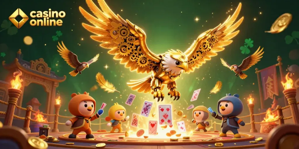 Imágenes vibrantes de un casino online donde un águila dorada se sumerge entre cartas holográficas, creando emoción.