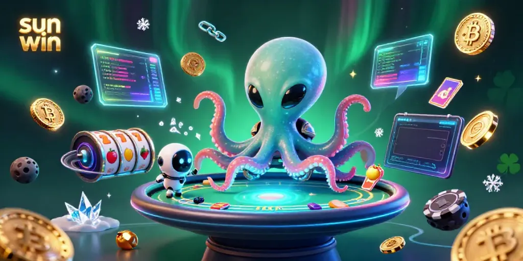 Engage in thrilling gameplay with sun win, featuring a vibrant illustration of an octopus and robot at a poker table.