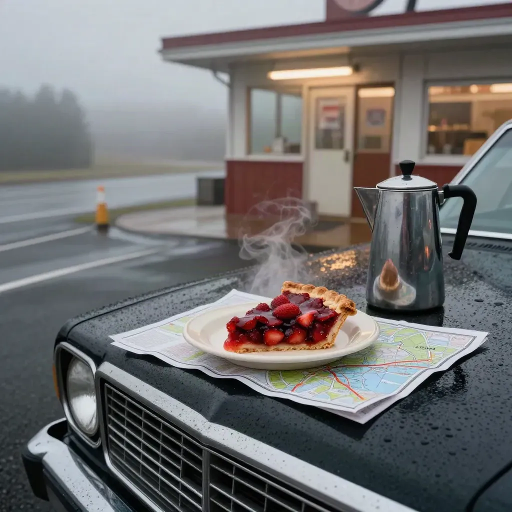 Roadside diner breakfast spread with pie, coffee, map, and a wet dawn arrival
