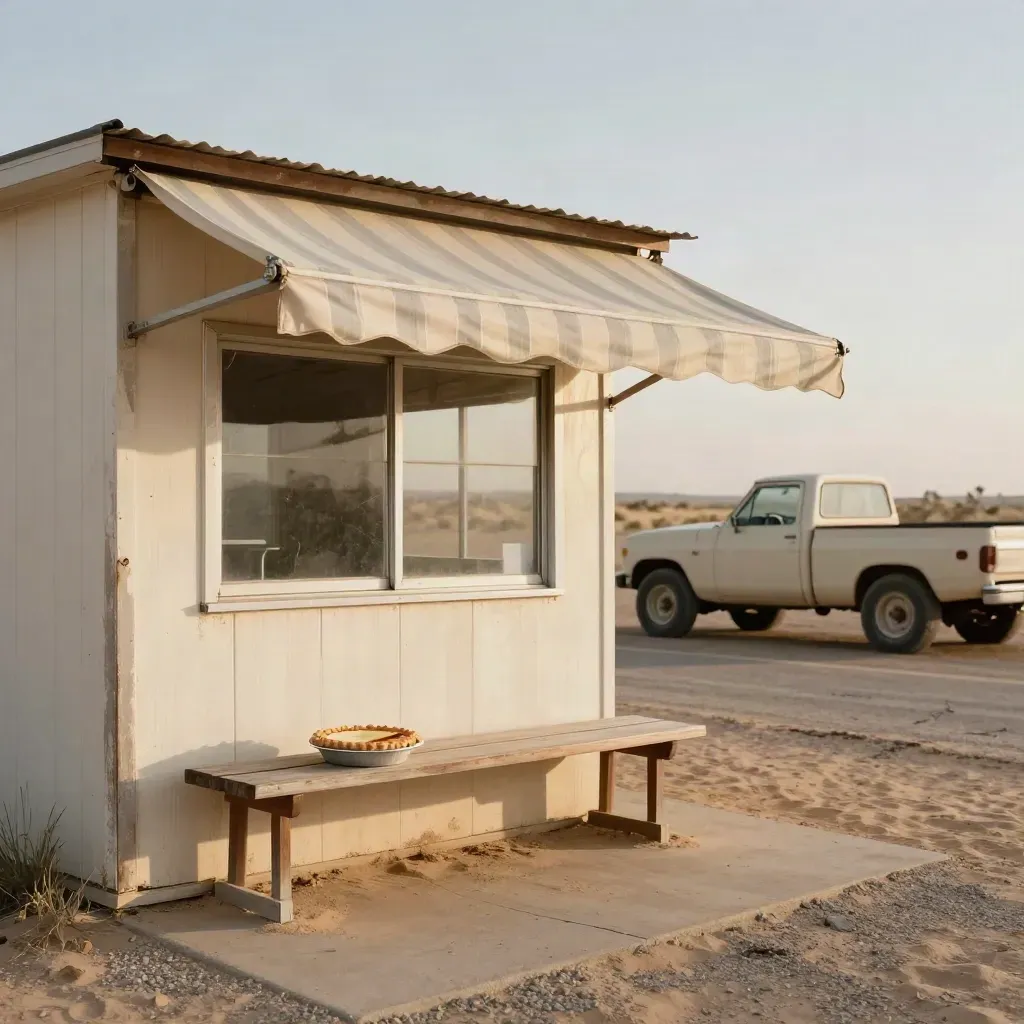 Desert pie shack, pickup, and wind-snapped awning in hot afternoon light