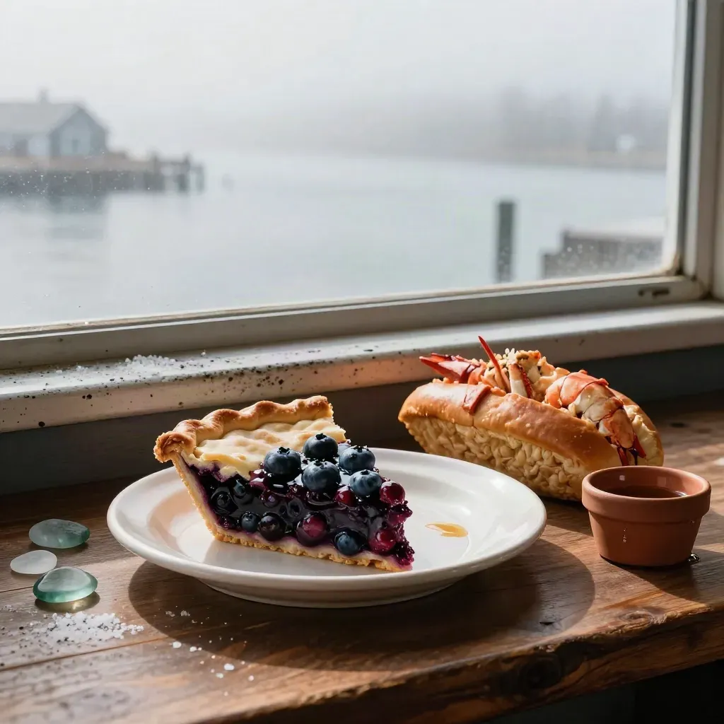 Blueberry pie slice and lobster roll basket by a foggy Maine harbor diner window.