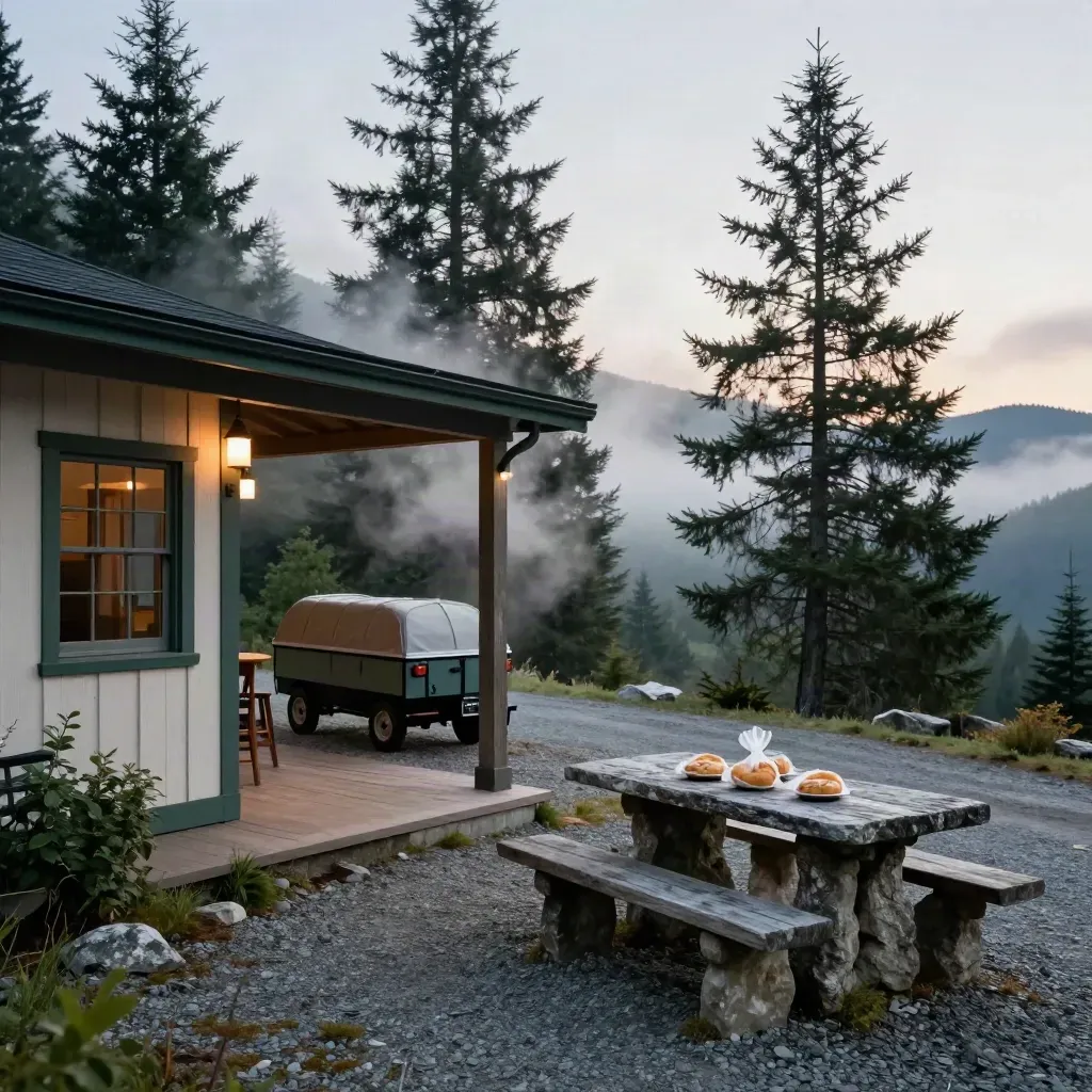 Foggy Blue Ridge pull-off with café porch, wagon, pines, and pastries on a stone table.