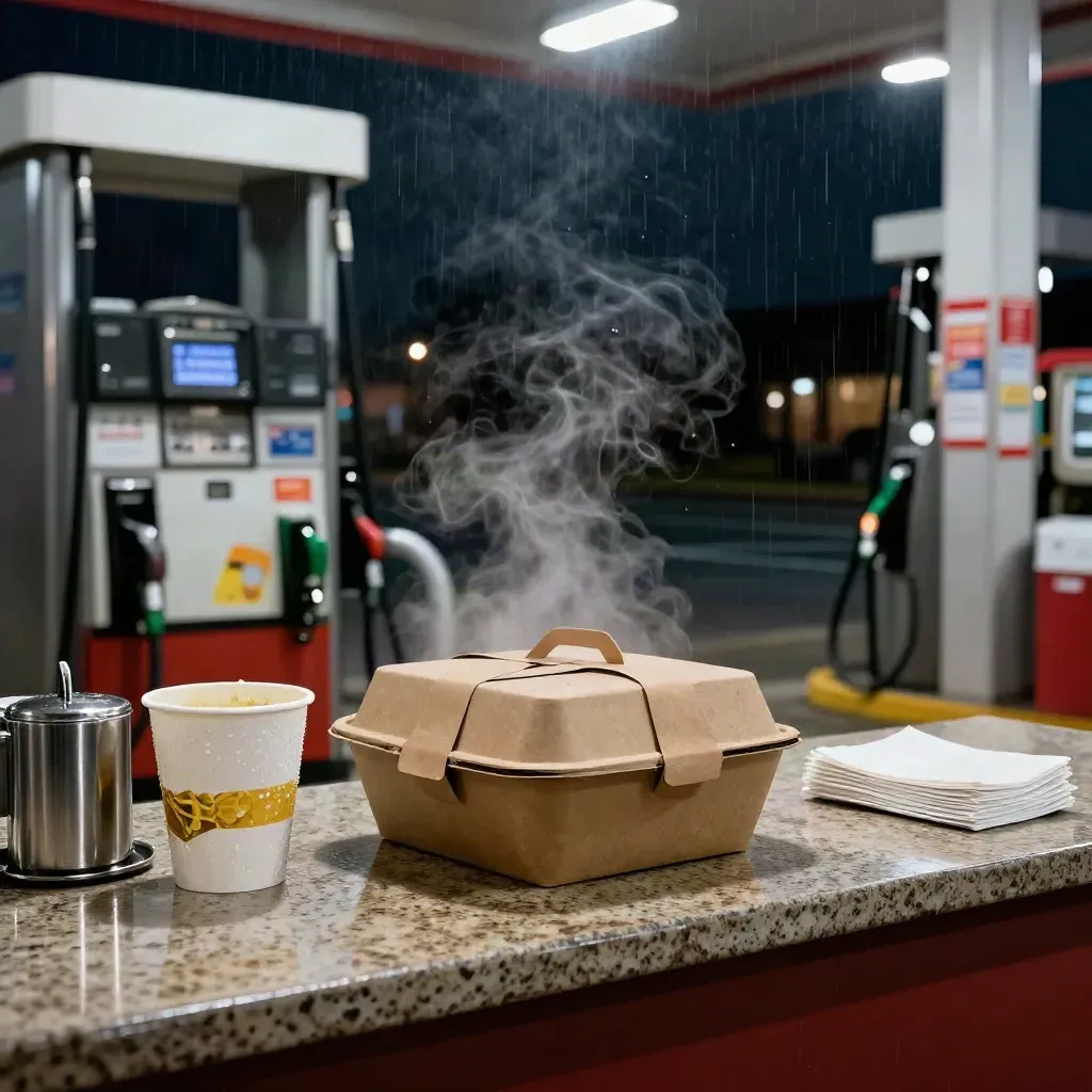 Late-night fuel stop counter with steaming hot food and glowing pumps in the rain.