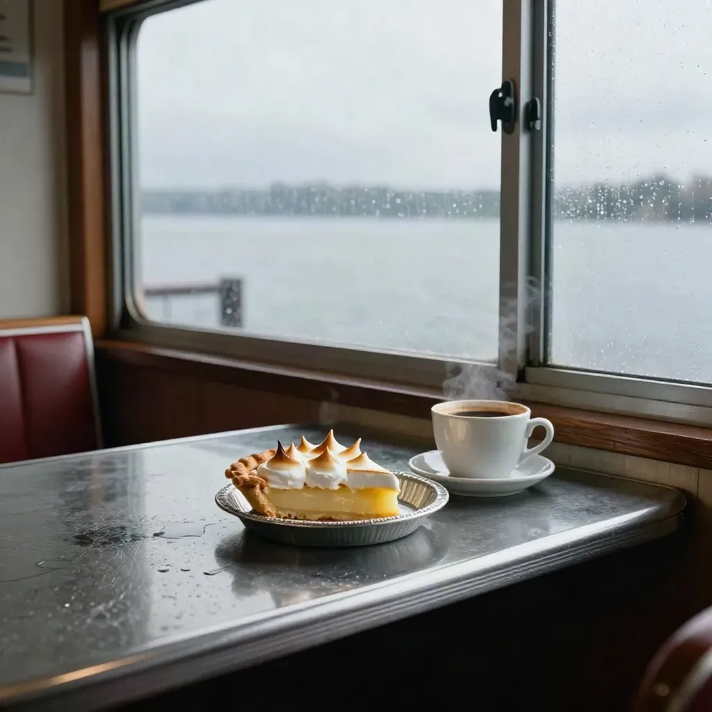 Diner counter with lemon meringue pie, coffee, rain-streaked windows, and a bright lake beyond