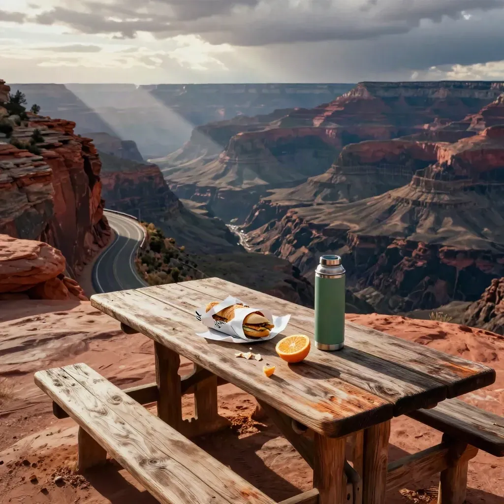 Canyon picnic table with sandwich, citrus, thermos, and winding red-rock road