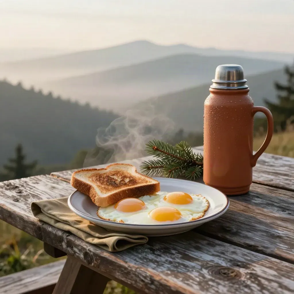 Eggs and toast beside a terracotta thermos on a misty mountain picnic table at sunrise