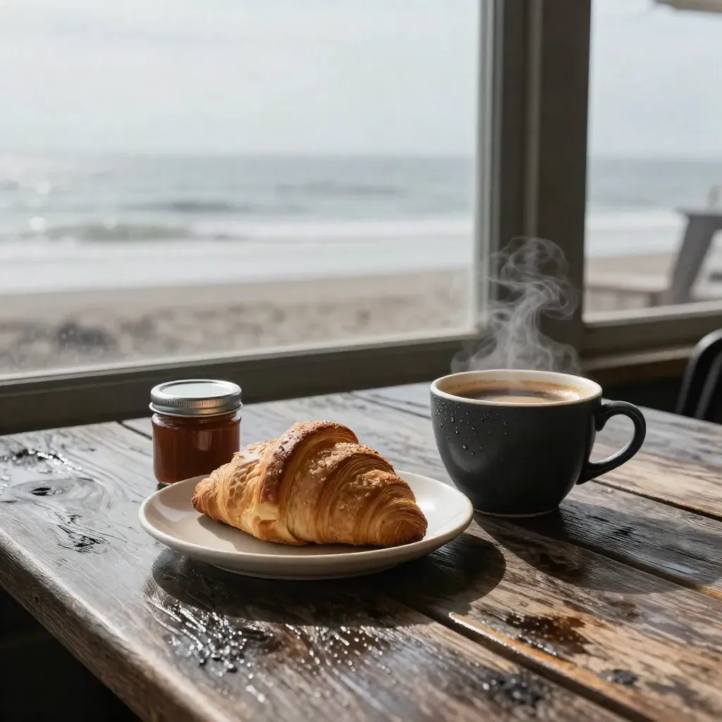 Croissant, jam jar, and charcoal coffee cup on wet boardwalk boards with gray Pacific surf beyond.
