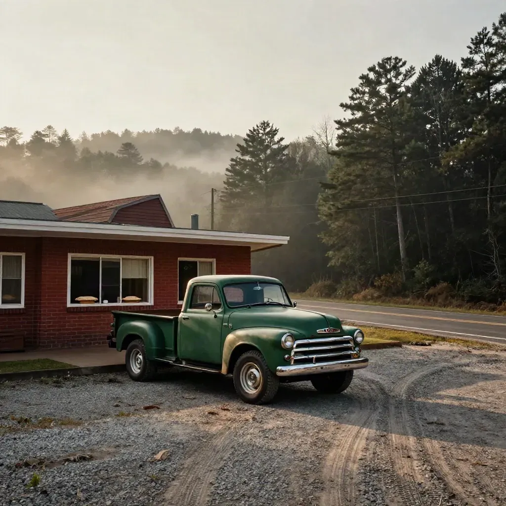 Red-brick Ozark diner, green pickup, pie on the window, and a foggy two-lane road through pines.