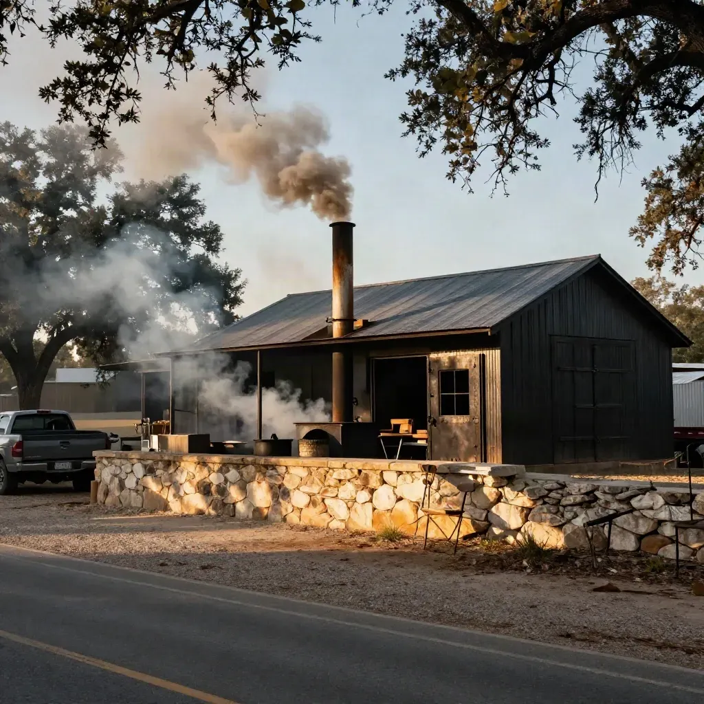 Smoke curls from a Texas Hill Country BBQ shack beside a parked pickup and limestone embankment.